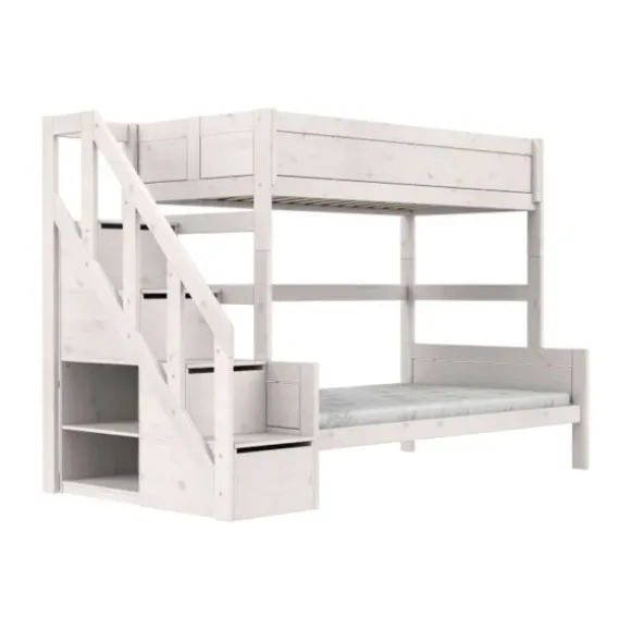 LIFETIME Kidsrooms Stapelbed Familie Met Trapkast - 90/120x200 cm - Premium Rolbodem - White Wash