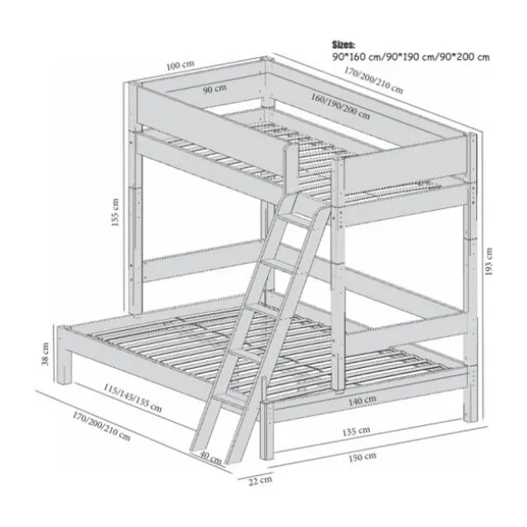 Manis-h VALE Combinatie Familiebed Met Lattenbodem 140 cm + 90 cm