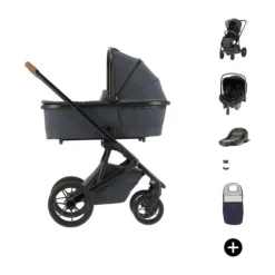 Qute Q‑Rider Plus Kinderwagen 4-in-1 ‑ Denim Blue | Kidsriver Curve Autostoel ‑ Black | Kidsriver Isofix Base